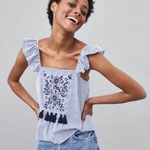 ZARA Blue White Stripe Embroidered Tassel Square Neck Ruffle Strap Tank Top M